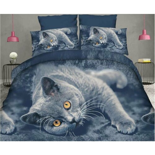 Комплект Постельного белья 2-х спальное Голубая Кошка / простыня 180x220 / пододеяльник 180x220 / Наволочки 70x70-2