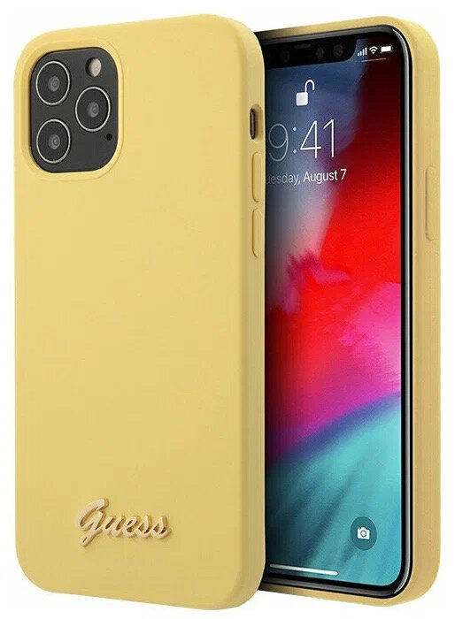 Чехол силиконовый Guess iPhone 12 Pro Max Liquid silicone Gold metal logo желтый