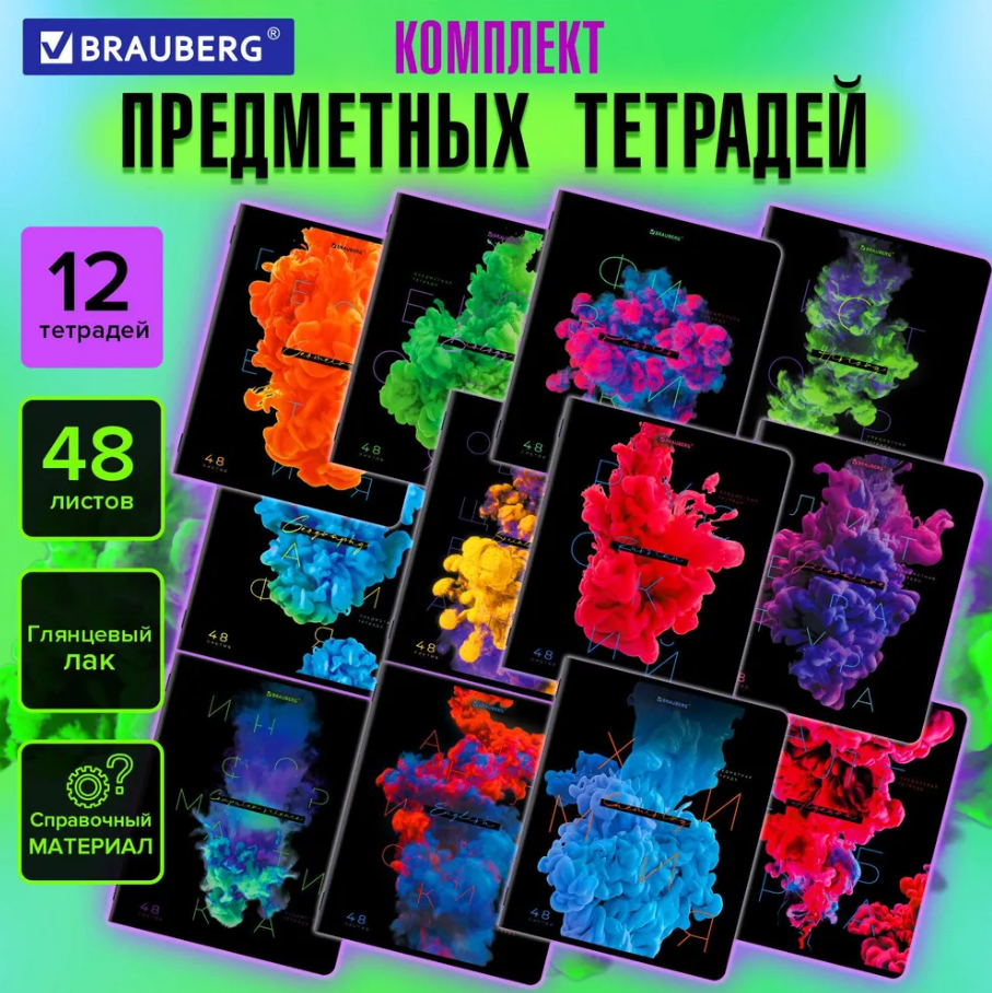 Тетради предметные А5 школьные BRAUBERG "PIGMENT" в клетку / линейку 48 листов, комплект 12 шт, скрепка