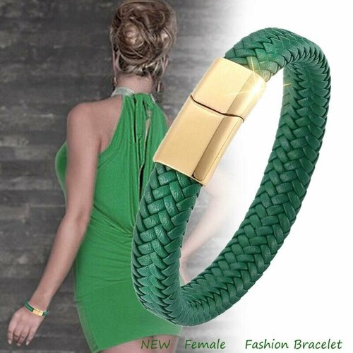Плетеный браслет CosplaYcitY Браслет женский плетеный кожаный зеленый, размер 15 см, размер S, золотистый, зеленый