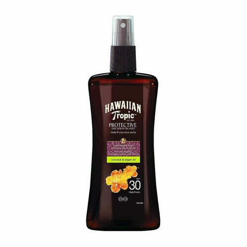 Hawaiian Tropic, Protective Dry Spray Oil Масло для загара cухой солнцезащитный спрей с кокосовым и аргановым маслом SPF 30 защитное увлажняющее для интенсивного загара, 200 мл