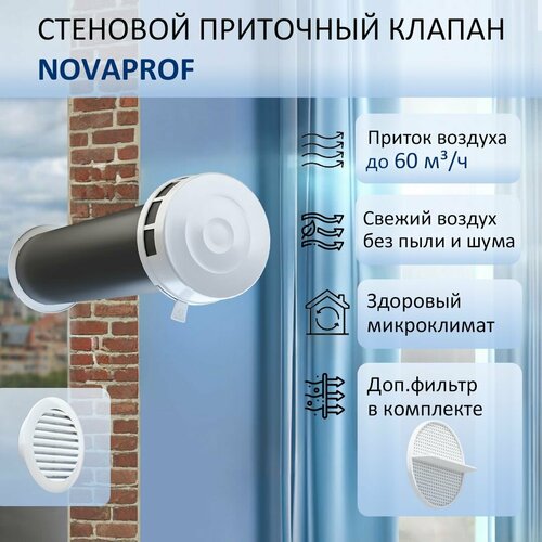 Приточный клапан стеновой NovaPROF КИВ-125 с трубой 0,6 м, фильтром и решеткой ABS