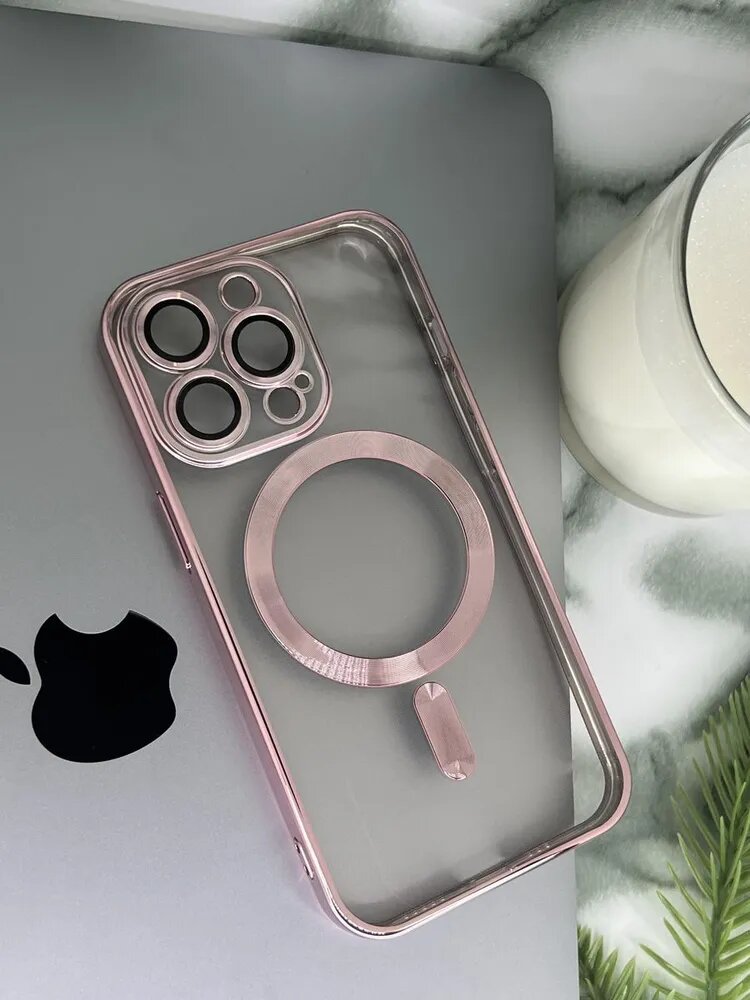 Чехол на Айфон 12 и 12 Pro с MagSafe, силиконовый, прозрачный, с беспроводной магнитной зарядкой магсейф, с защитой камеры, розовый