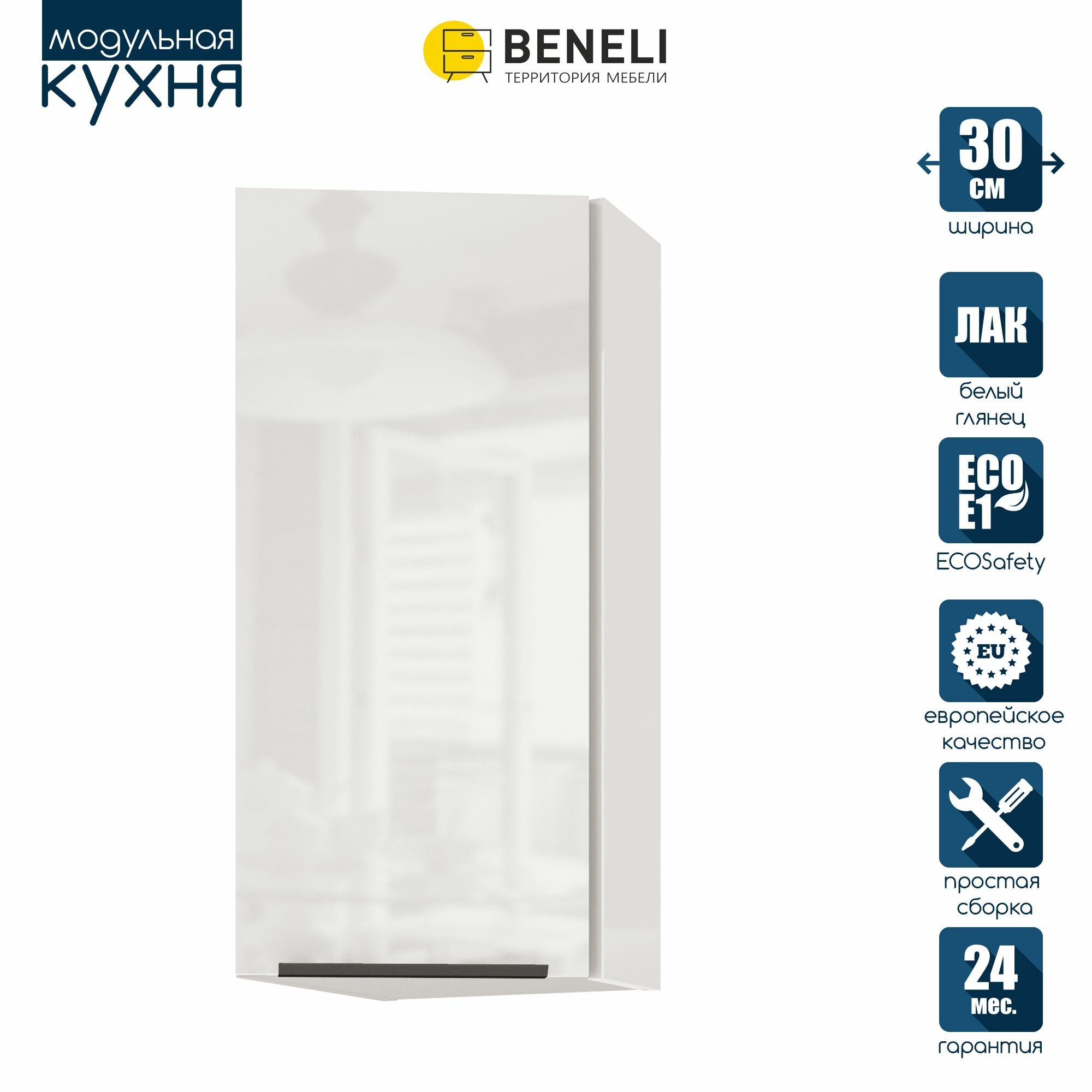 Кухонный модуль навесной торцевой Beneli Color распашной Белый глянец/Белый 30х312х72 см
