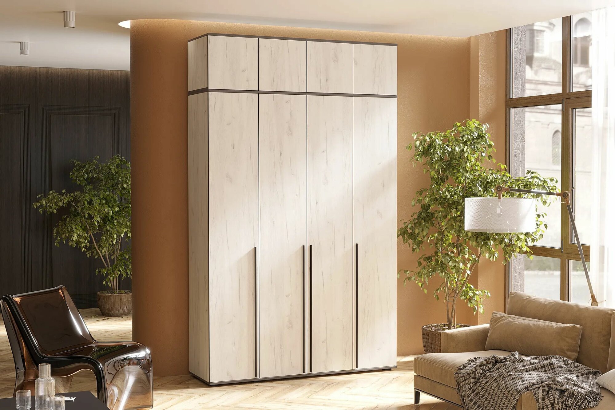 Шкаф 4-х дверный с антресолью Форд дуб крафт белый, 160х51х265,4