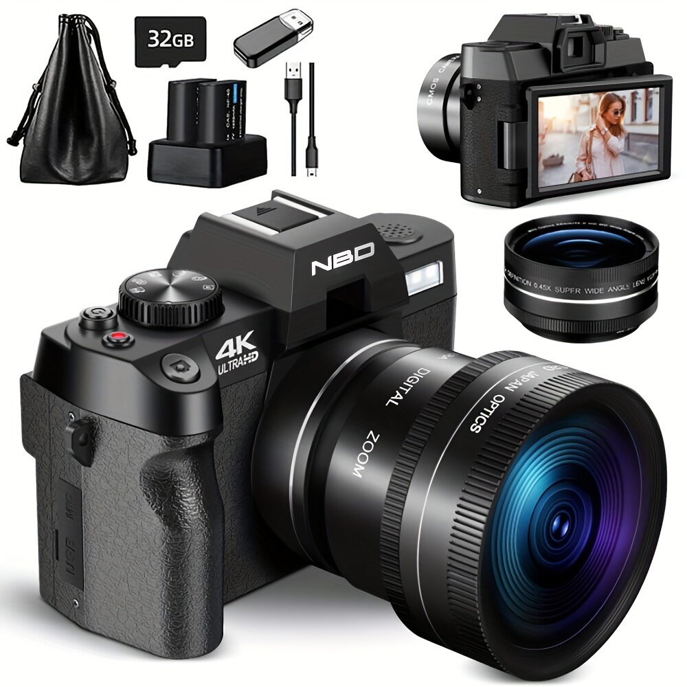 NBD S100 Pro Digital Cameras For Photography & 4K Video, 48 MP Vlogging Camera With 180° Flip Screen, 16X Digital Zoom, Flash & Autofocus, 52mm Wide Angle & Macro Lens, 2 Batteries, 32GB SD Card.The