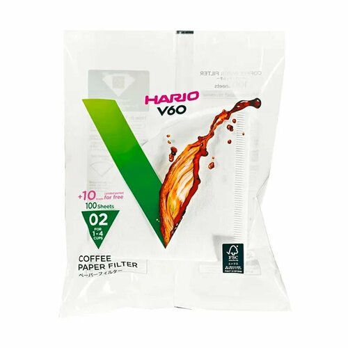 Фильтры Hario V60 размер 02 для заваривания кофе (1-4 чашки), белые, упак. 110 шт.