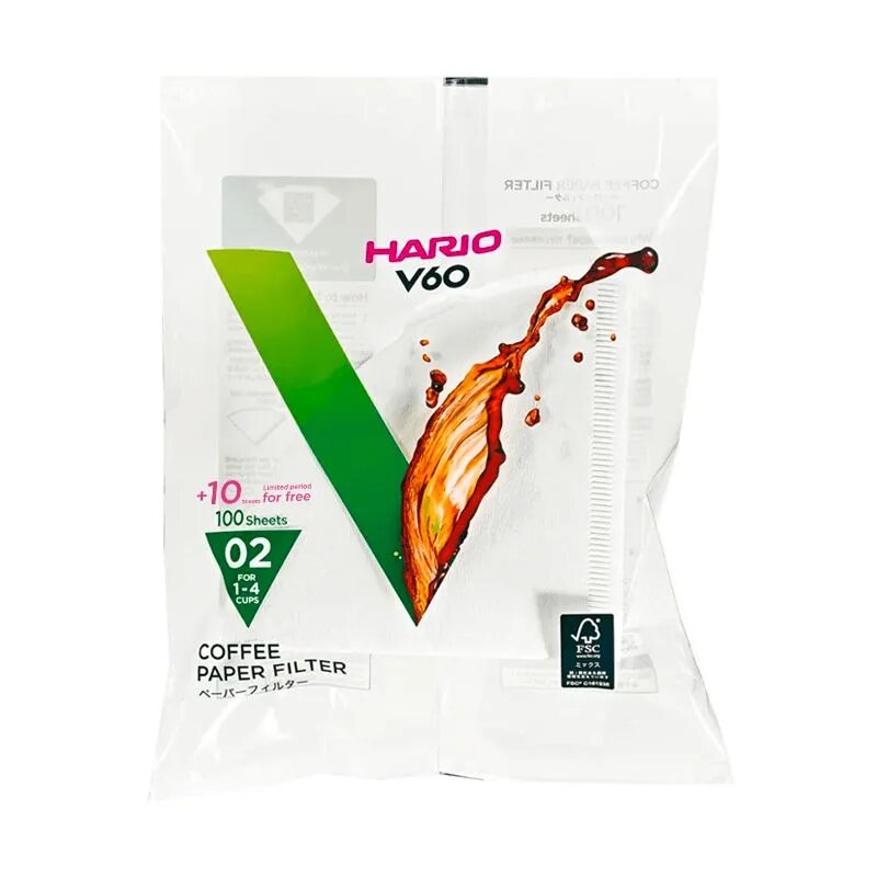 Фильтры Hario V60 размер 02 для заваривания кофе (1-4 чашки), белые, упак. 110 шт.