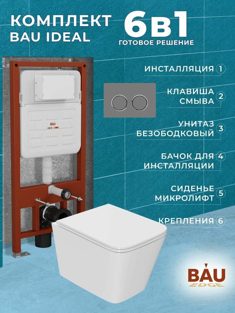 Комплект BAU 6 в 1: усиленная инсталляция BAU IDEAL, унитаз подвесной безободковый торнадо обратного потока Bau Stil Hurricane2, сиденье дюропласт микролифт, клавиша BAU Round Gun gray, серый металлик