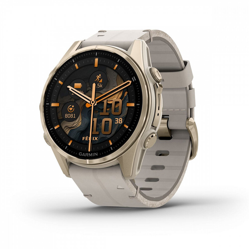 Умные часы Garmin Fenix 8 43 мм AMOLED Sapphire, золотистый корпус, серый кожаный ремешок 010-02903-40