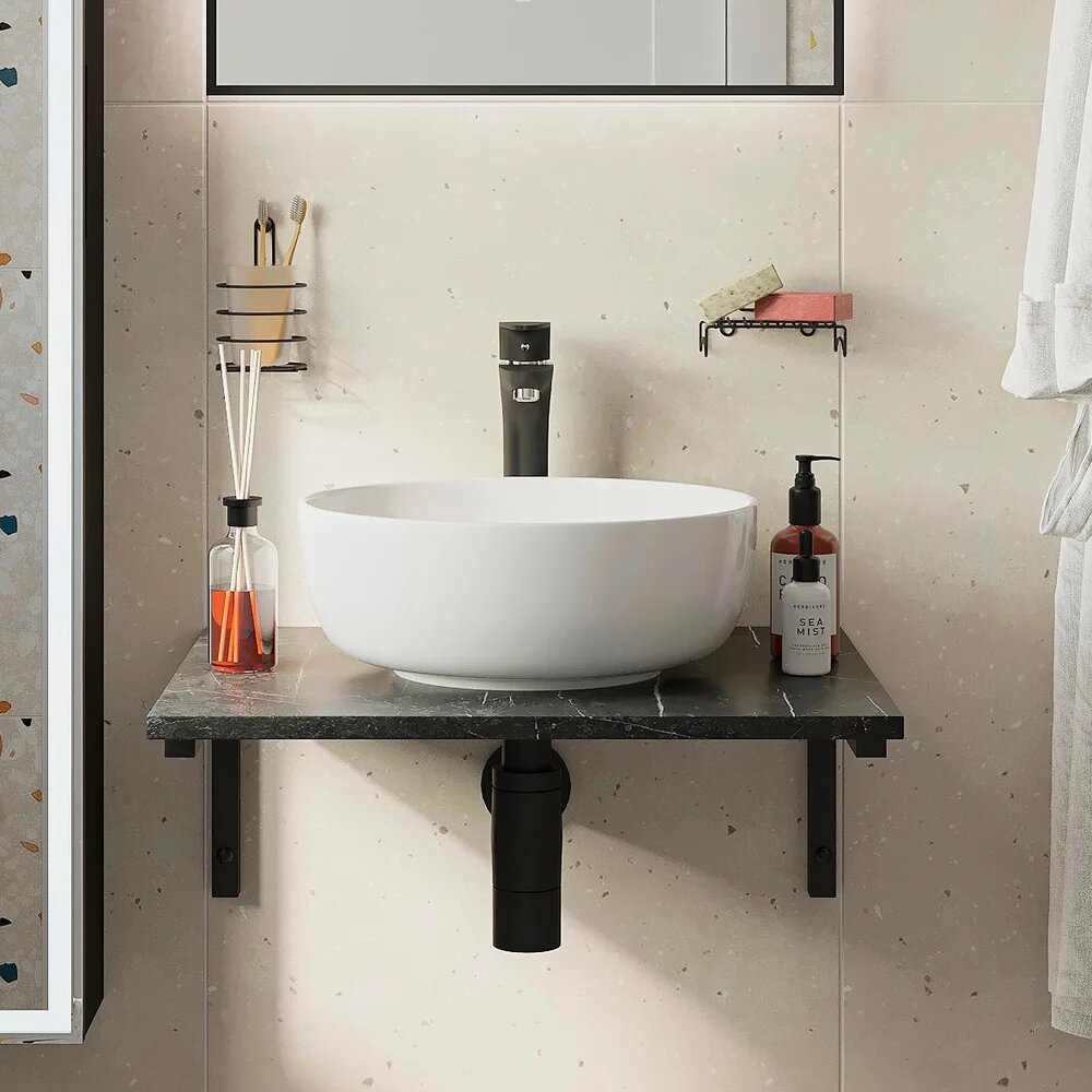 Столешница с раковиной DIWO Элиста 60 чёрный мрамор с раковиной Moduo 40 RING