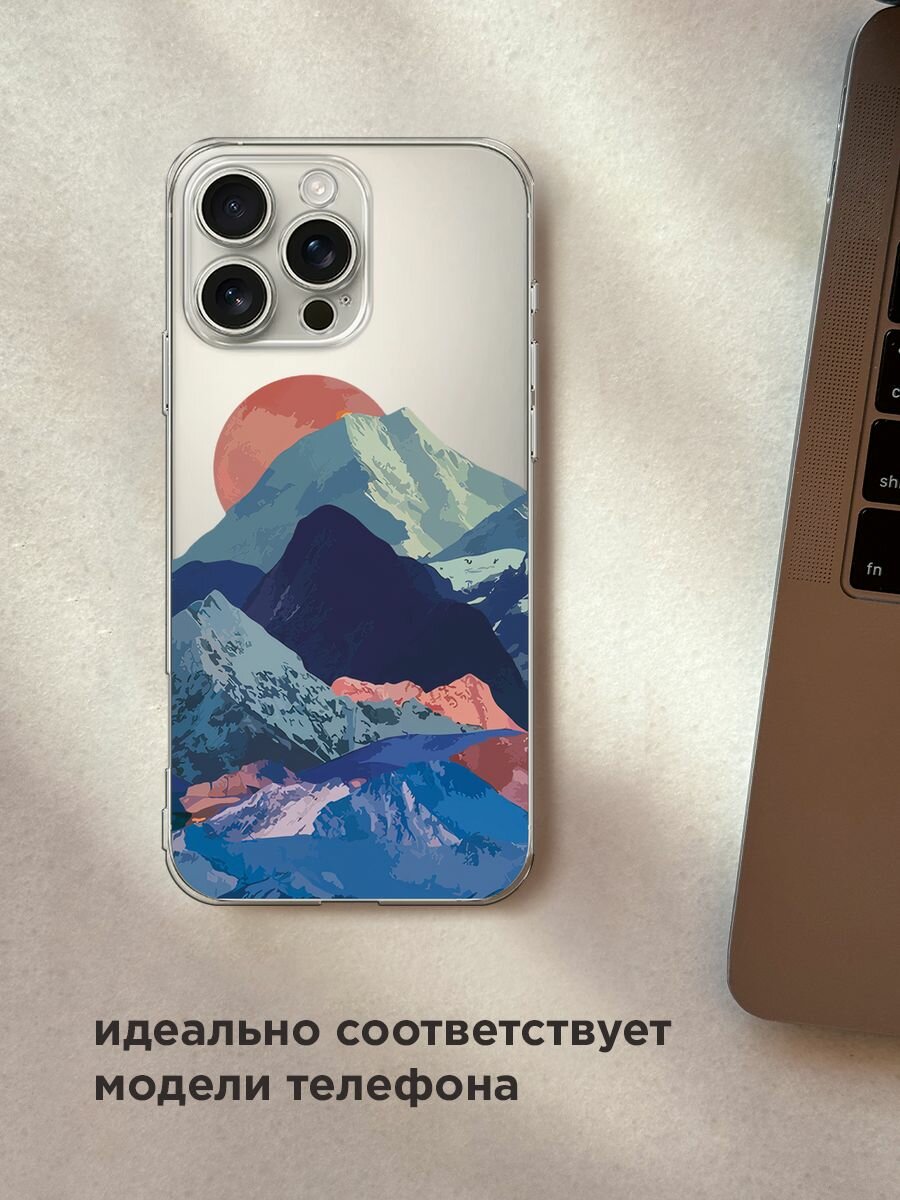 Чехол на Apple iPhone 16 Pro Max / Айфон 16 Про Макс с принтом "Закат в снежных горах", прозрачный — фото 1