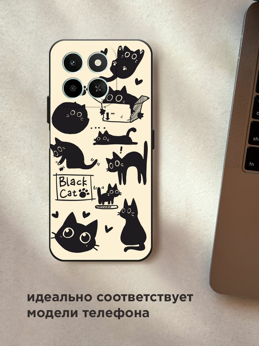 Черный матовый чехол на Honor X6c / Хонор X6c с принтом "Чёрный котик рисунки" — фото 1