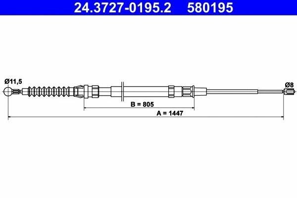 Трос ручного тормоза ATE 24-3727-0195-2 дисковый, Audi A3 2.5 01.11, Seat Altea, Leon 1.4-2.0 03.04, Skoda Octavia, Yeti 1.2-2.0 02.04, Volkswagen Golf Plus, Jetta, Scirocco 1.4-2.5 01.05