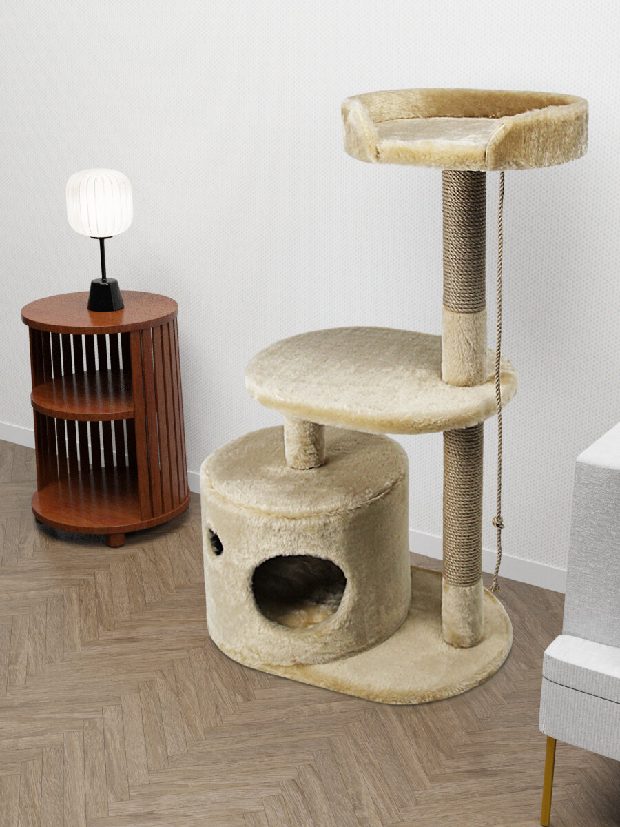 Когтеточка (игровой комплекс) YUGA для кошек, с домиком, с лежанкой, с игрушкой, 55х36х101см, бежевый - фотография № 2
