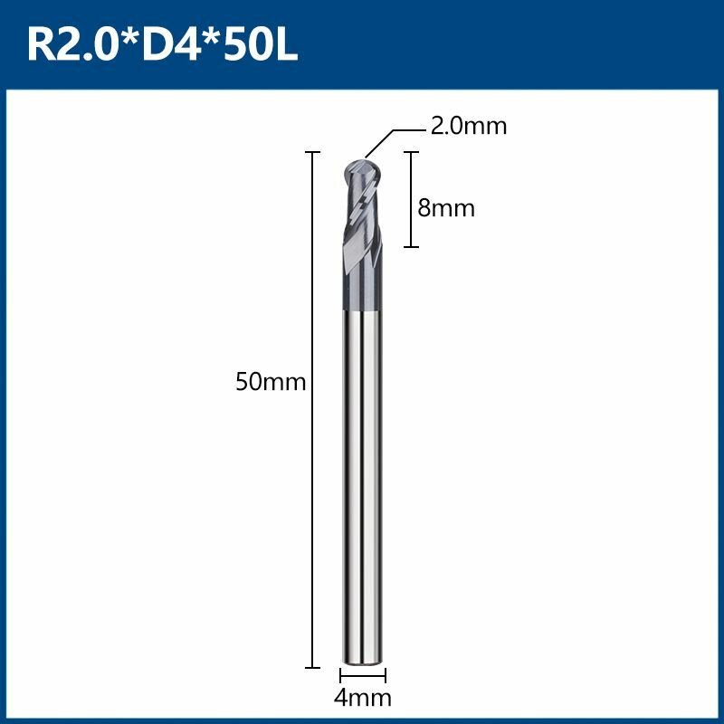 Фреза двухзаходная сферическая XCAN 2х4х8х50 мм, покрытие TiALN