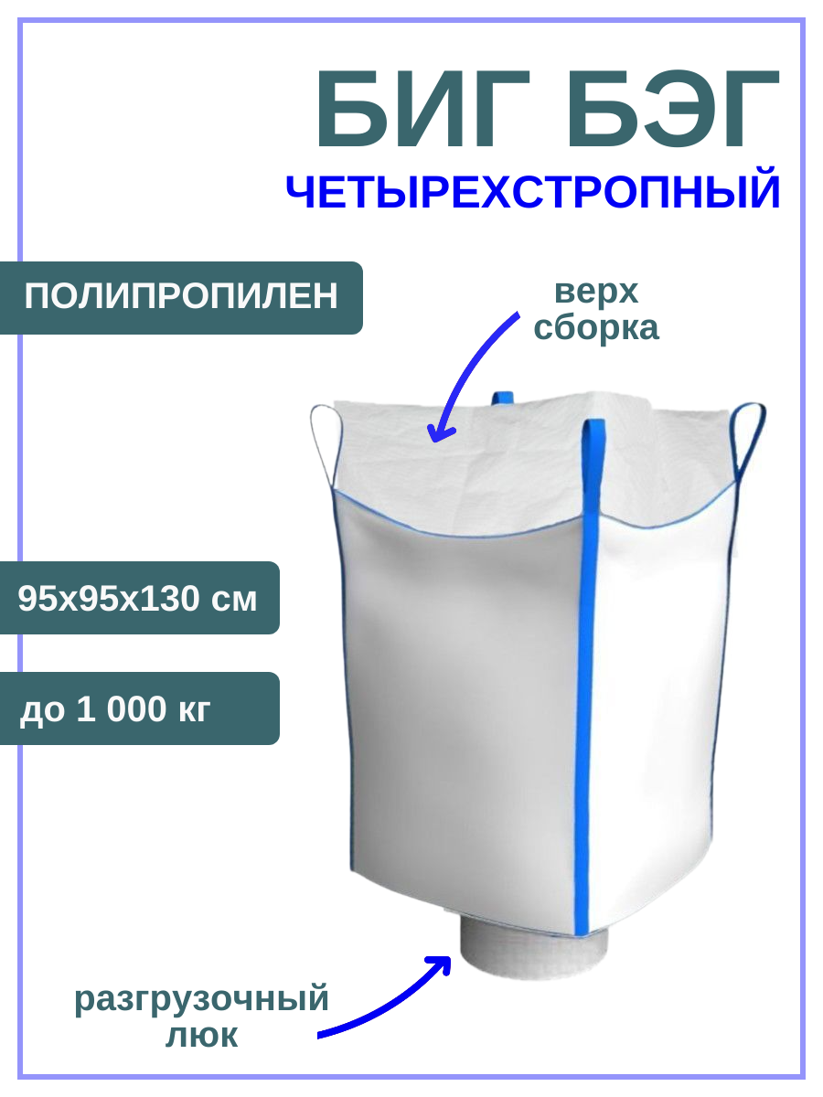 Четырехстропный мягкий контейнер разовый полипропиленовый Биг Бэг 95х55х130 см до 1000 кг с разгрузочным люком и сборкой