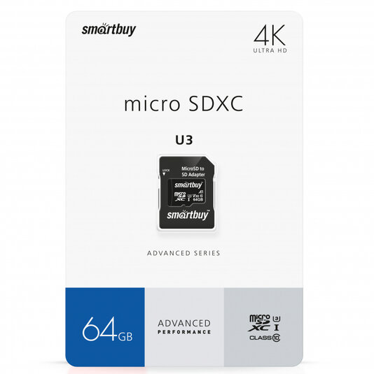 SB64GBSDU1A-AD, карта памяти Micro SDXC U3 64GB Class 10 4K ULTRA HD, с адаптером, SmartBuy