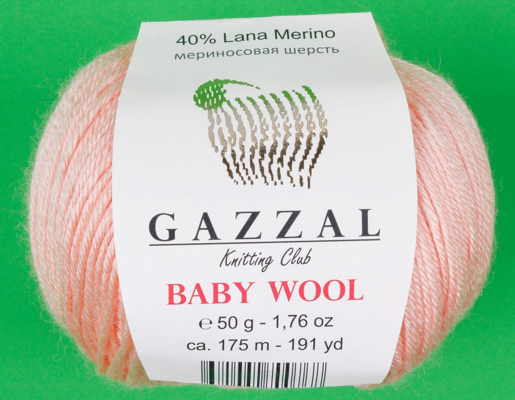 Пряжа Gazzal Baby Wool светлый персик (834), 40%шерсть мериноса/20%кашемирПА/40%акрил, 175м, 50г, 1шт