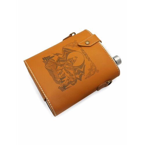 Фляга FL48-1K1, 48 унций - 1,4 литра, нержавеющая сталь, кожа, цвет коричневый серебристый, коричневый