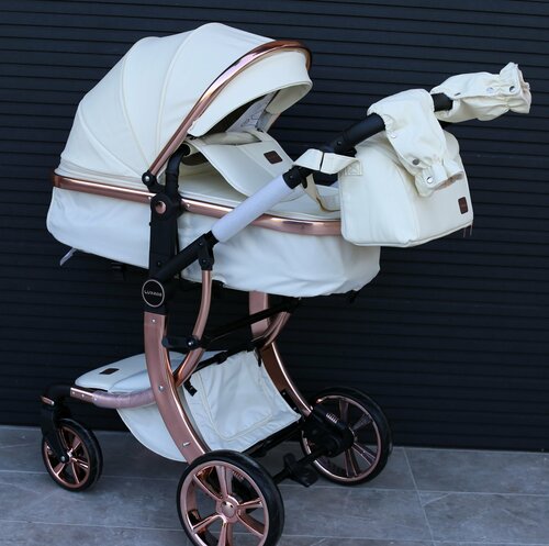 Детская коляска - трансформер 2в1 Teknum 608 С реверсивным блоком Экокожа С сумкой, молочный