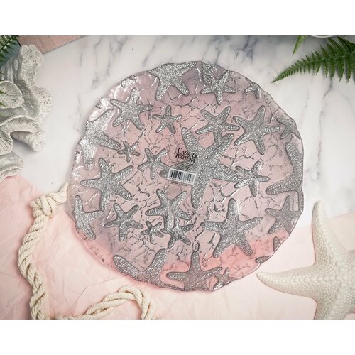 Блюдо Casa Di Fortuna Estrella De Mar, 33 см, пастельно-розовое с серебристым декором, стекло