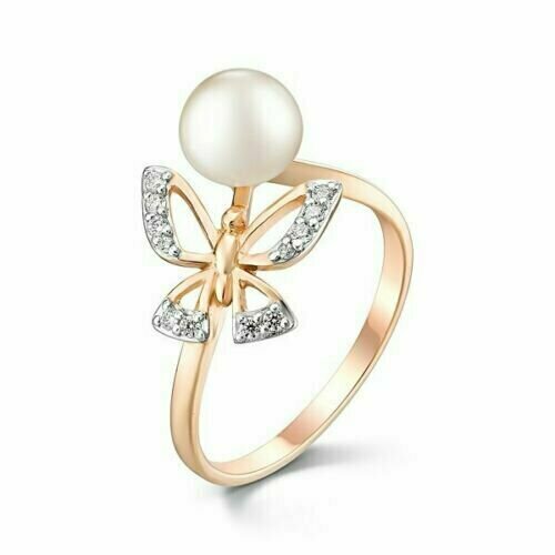 фото Кольцо, красное золото, 585 проба, жемчуг, фианит, размер 19, белый нет бренда