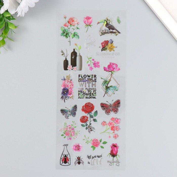 Наклейка пластик "Цветы и насекомые" с серебристой обводкой 10х27 см