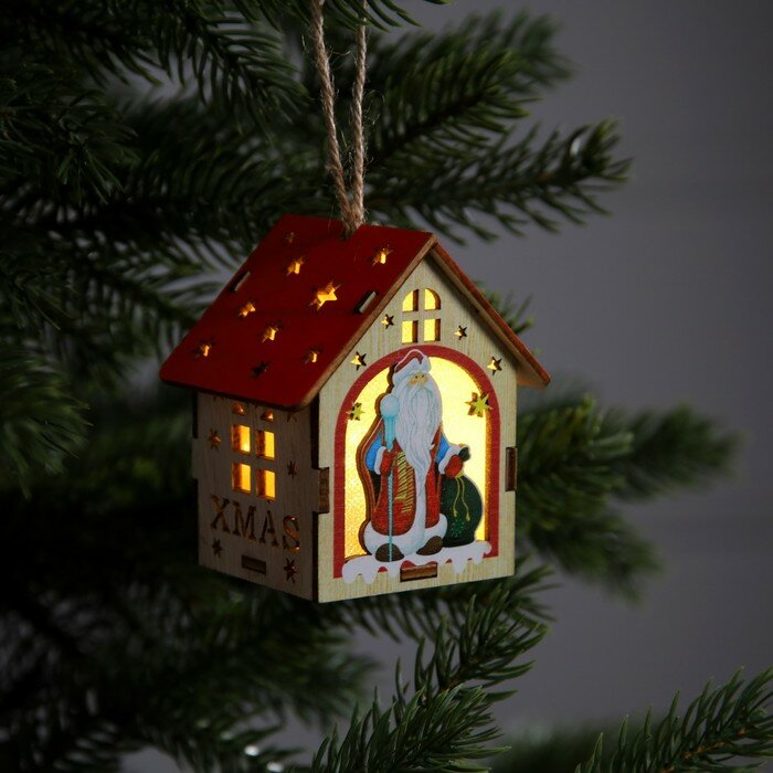 фото Ёлочная игрушка «Домик с Дедом Морозом», от батареек, свечение тёплое белое