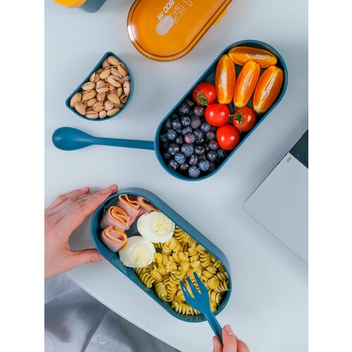 Ланч бокс с отделениями, двухуровневый, с приборами 800мл синий Тетра