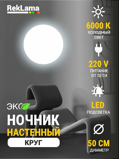 Светильник бра светодиодный настенный круг, 50*50 см питание от сети, 1 шт
