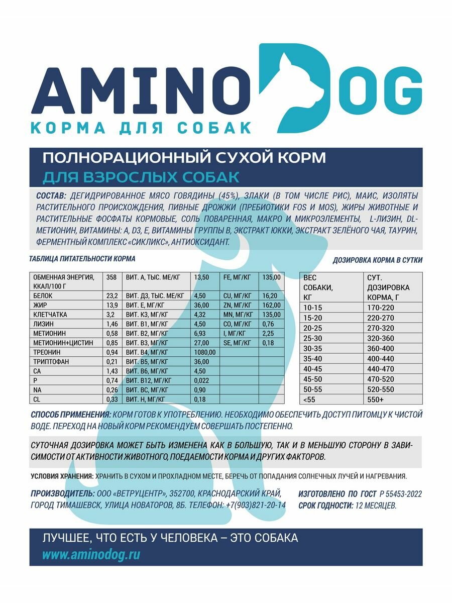 Корм сухой полнорационный для взрослых собак крупных пород AminoDOG со вкусом говядины 10 кг