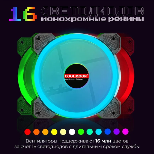 Вентилятор система охлаждения (кулер) с RGB подсветкой для корпуса ПК 120x120x25мм комплект из 6 кулеров, контроллера, пульт управления, провод 50 см