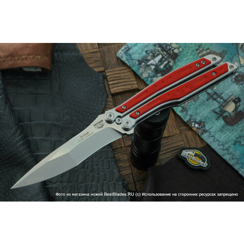 фото Складной нож-балисонг нокс эльф, сталь d2/сатин, рукоять красная g-10