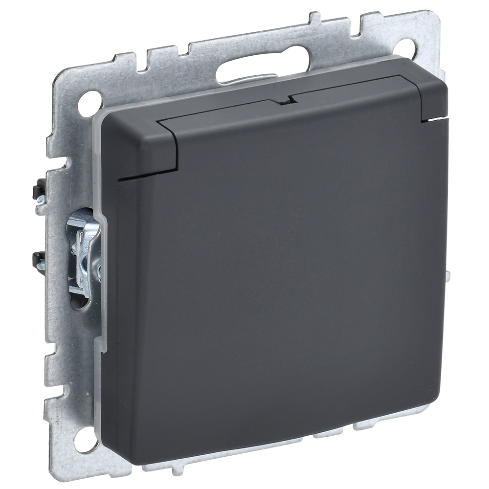 IEK BRITE Розетка 1-местная с заземлением с защитными шторками и крышкой 16А IP44 РСбш10-3-44-БрГ графит