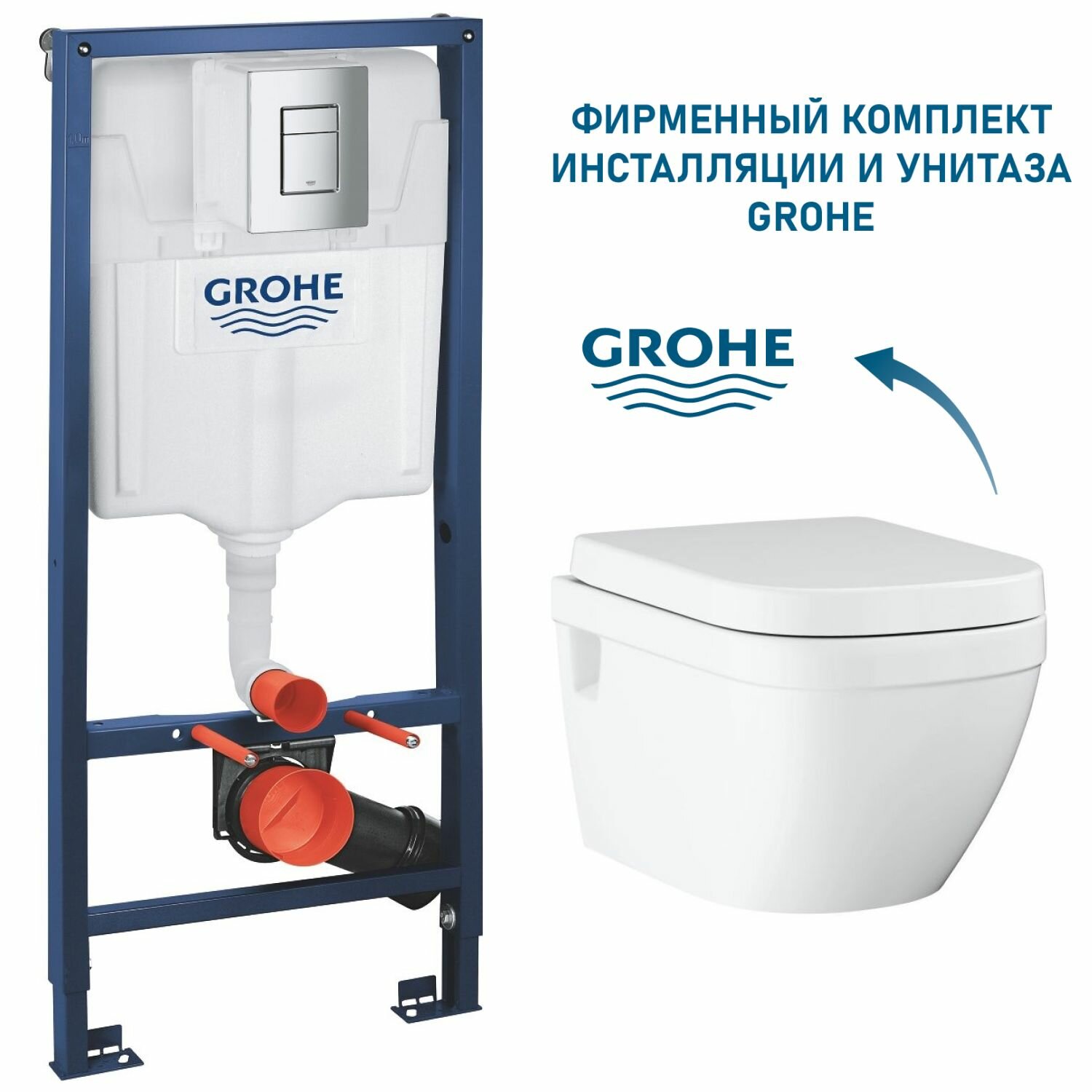 Премиум набор: безободковый подвесной унитаз Grohe Euro Ceramic, инсталляция с кнопкой смыва Grohe, быстросъемное плавное сиденье