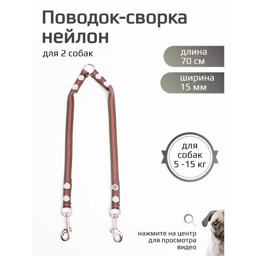 Сворка Хвостатыч для двух собак маленьких пород нейлон 70 х 15 мм (зелено-красный)