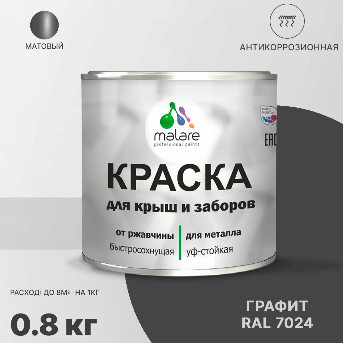 Краска Malare для металлического забора, для крыши из металла, для металлочерепицы, антикоррозионная, матовый, графитово-серый(темный), 0,8 кг.