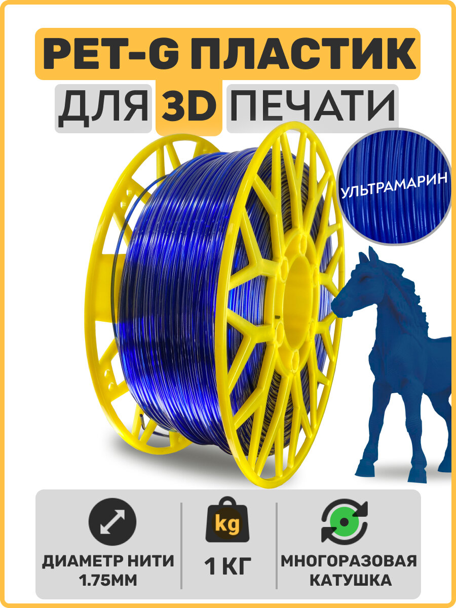 Пластик для 3D принтера PETG, Ультрамарин, 1,75мм, 1 кг.