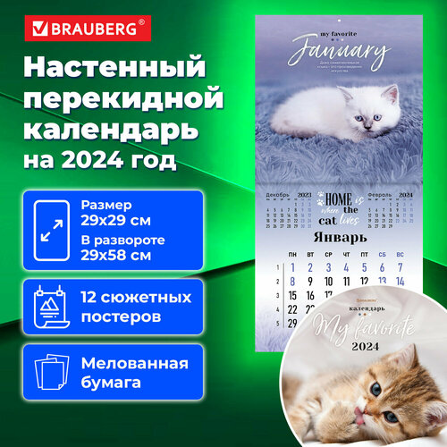 Календарь настенный перекидной на 2024 г, BRAUBERG, 12 листов, 29х29 см, Милые котики, 115321 календарь настенный перекидной на 2024 год 29 5 см 29 5 см милые котята