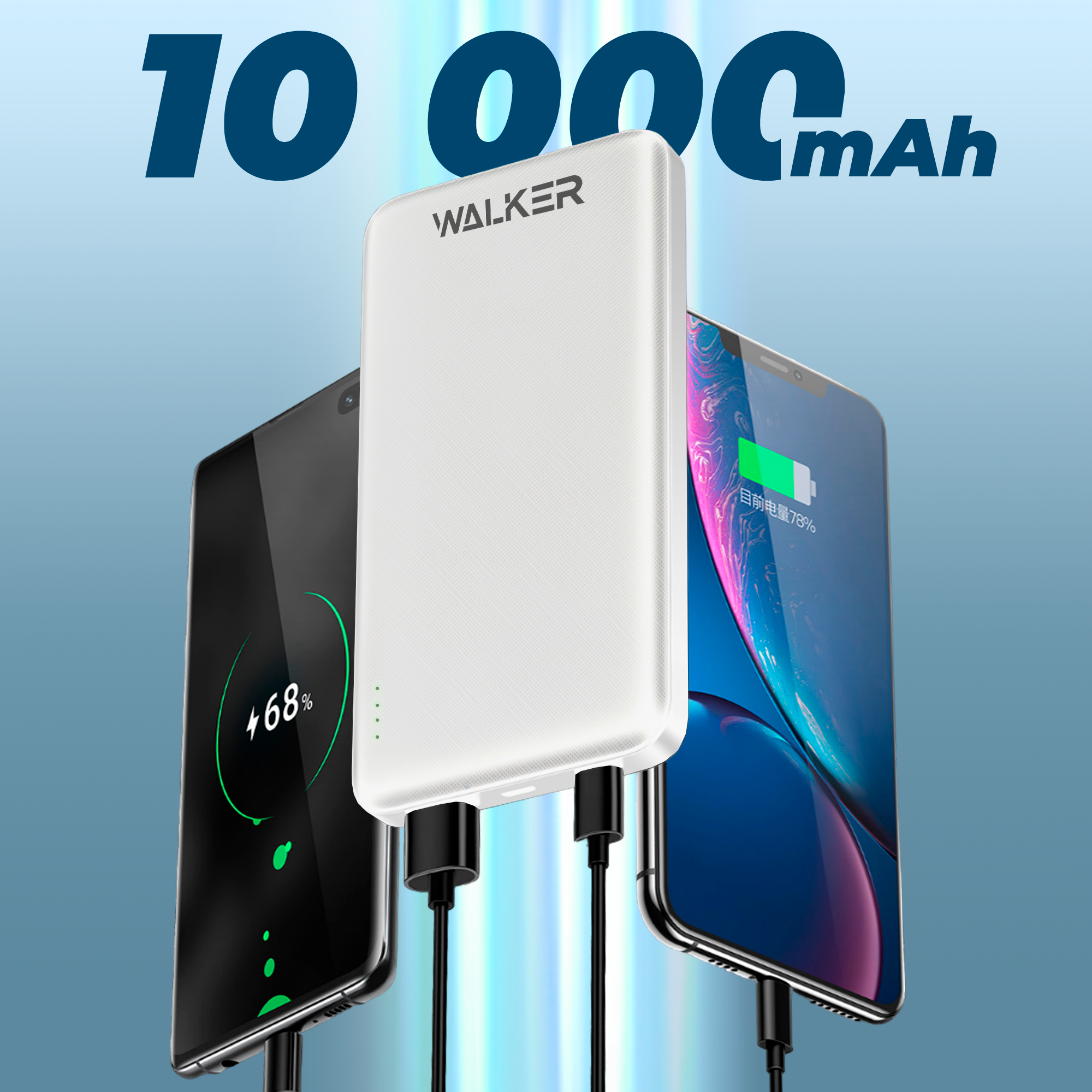 Внешний аккумулятор Walker WB-410 10000 mAh Li-Pol 21A вх/вых USBx2 microUSB Type-C пластик