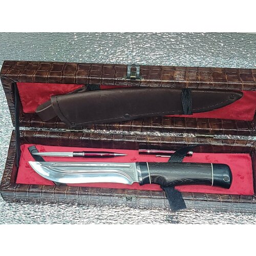 фото Нож туристический охотник 2 , разделочный, полированный , в чехле ножнах и подарочный кожаный футляр , ручка нож. (сталь65х13) кизляр