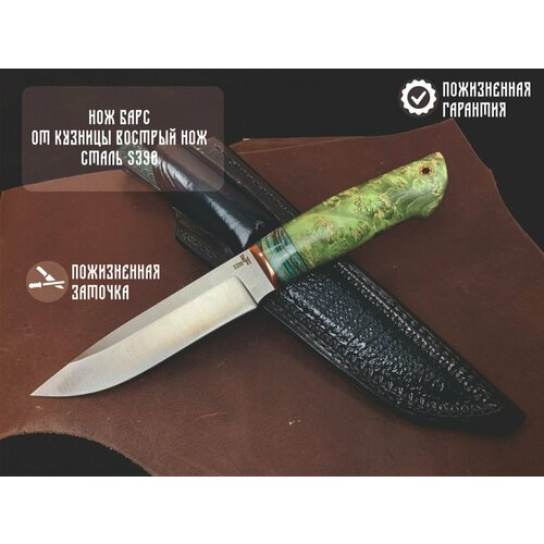Нож из стали S390 Барс , рукоять: Притин мокумэ-ганэ, зуб мамонта, кап клена, пин; формованные ножны