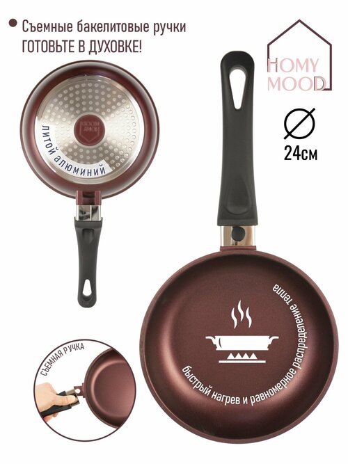 Homy Mood / Сковорода для индукционной плиты 24 см / Сковородка с антипригарным покрытием / съемная ручка