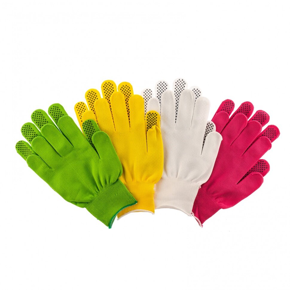 Перчатки в наборе, цвета: белые, розовая фуксия, желтые, зеленые, ПВХ точка, L, Россия Palisad - фотография № 1