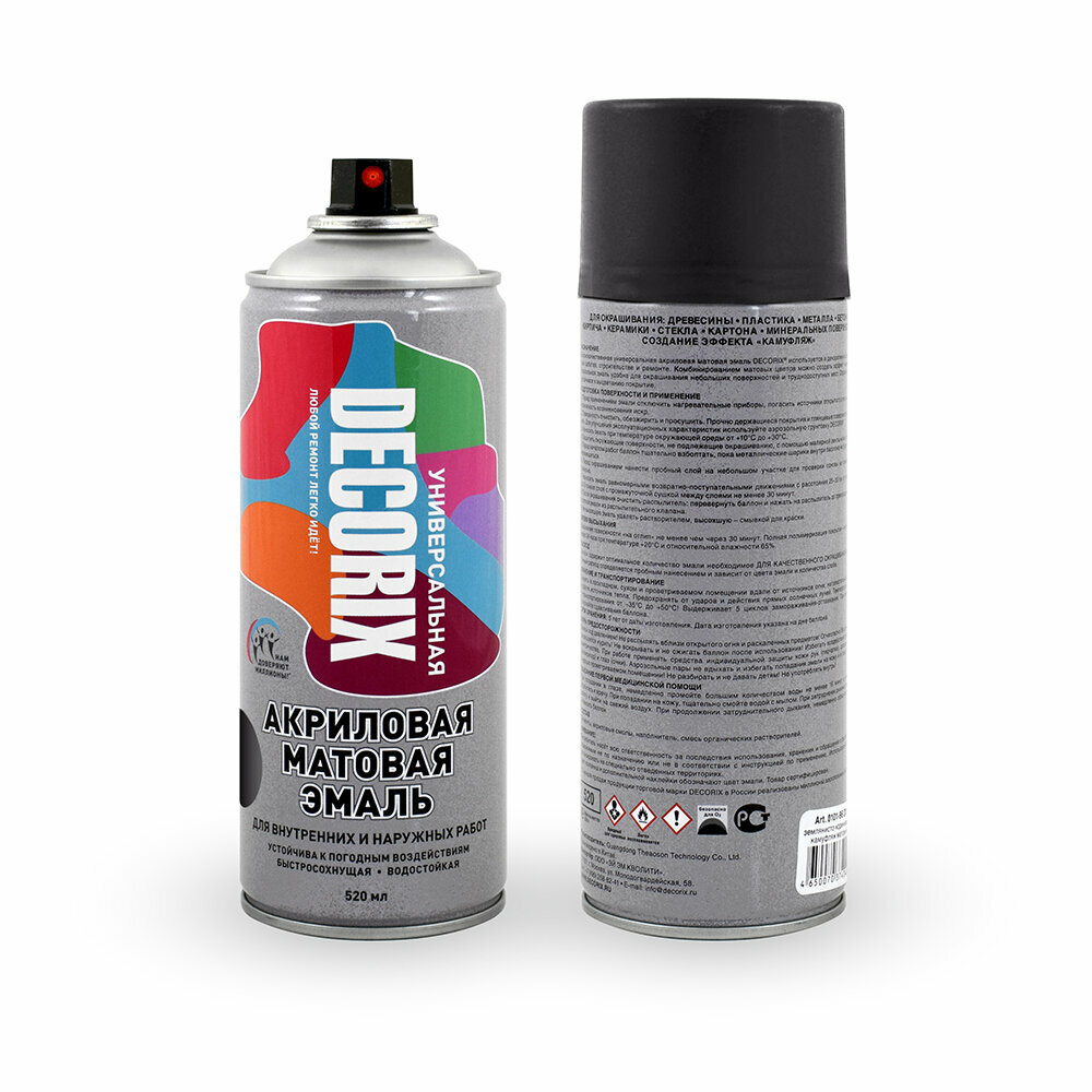 фото Аэрозольная краска акриловая универсальная DECORIX 520 мл натуральные цвета Цвет: Черный матовый А02