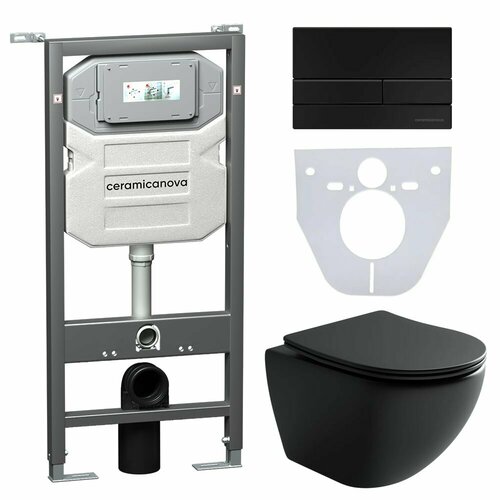 Комплект унитаза с инсталляцией Ceramica Nova Metropol CN4002MB_1002B_1000 с сиденьем Микролифт и Черной матовой клавишей смыва