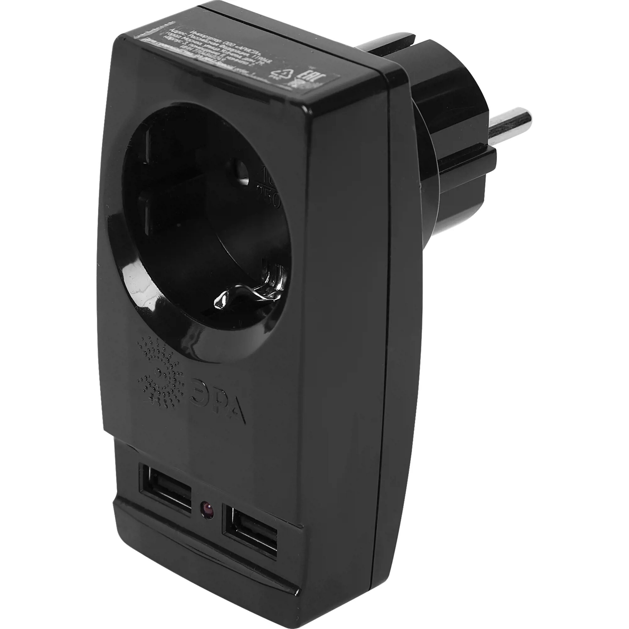 Разветвитель Эра SP-1e 1 розетка с заземлением 16 А 2 USB 2.1 А цвет черный