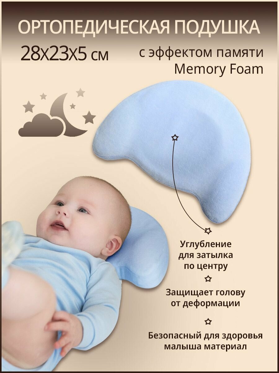 Подушка ортопедическая детская с эффектом памяти MEMORY FOAM "Мишка" для новорожденных в кроватку, коляску. Анатомическая подушка для малышей, для сна