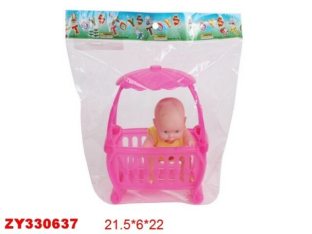 Пупсик Shantou в кроватке розовой, пластик, в пакете (568-4B)